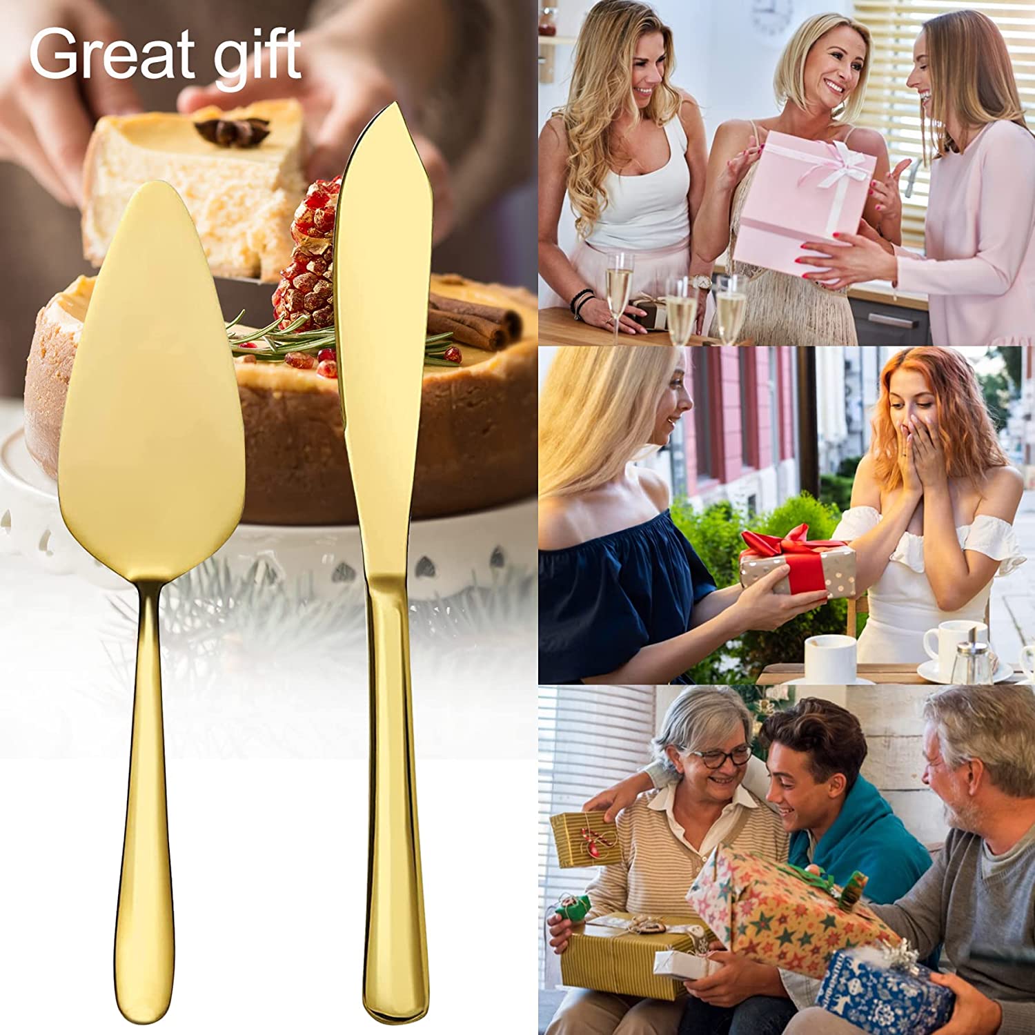 2 Piece Wedding Cake Knife and Server Set, Gold Cake Cutting Set for Wedding, Stainless Steel Cake Pie Serving Set Gift for Anniversary Birthday Parties - VARLKA