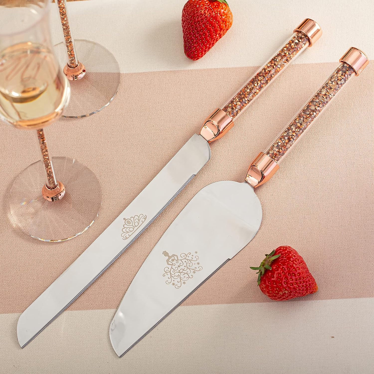 12 Personalized Wedding Cake Knife and Server Set Free Engraving, Heart  Shape Handle, Color (Rose Gold)