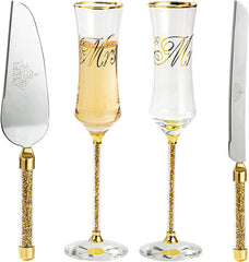 4 Pieces Wedding Champagne Flutes and Cake knife Server Set Champagne Glasses Gold Mr and Mrs Wedding Reception Supplies Bride and Groom Toasting Flutes Cake Pie Server Engagement Wedding gift - VARLKA