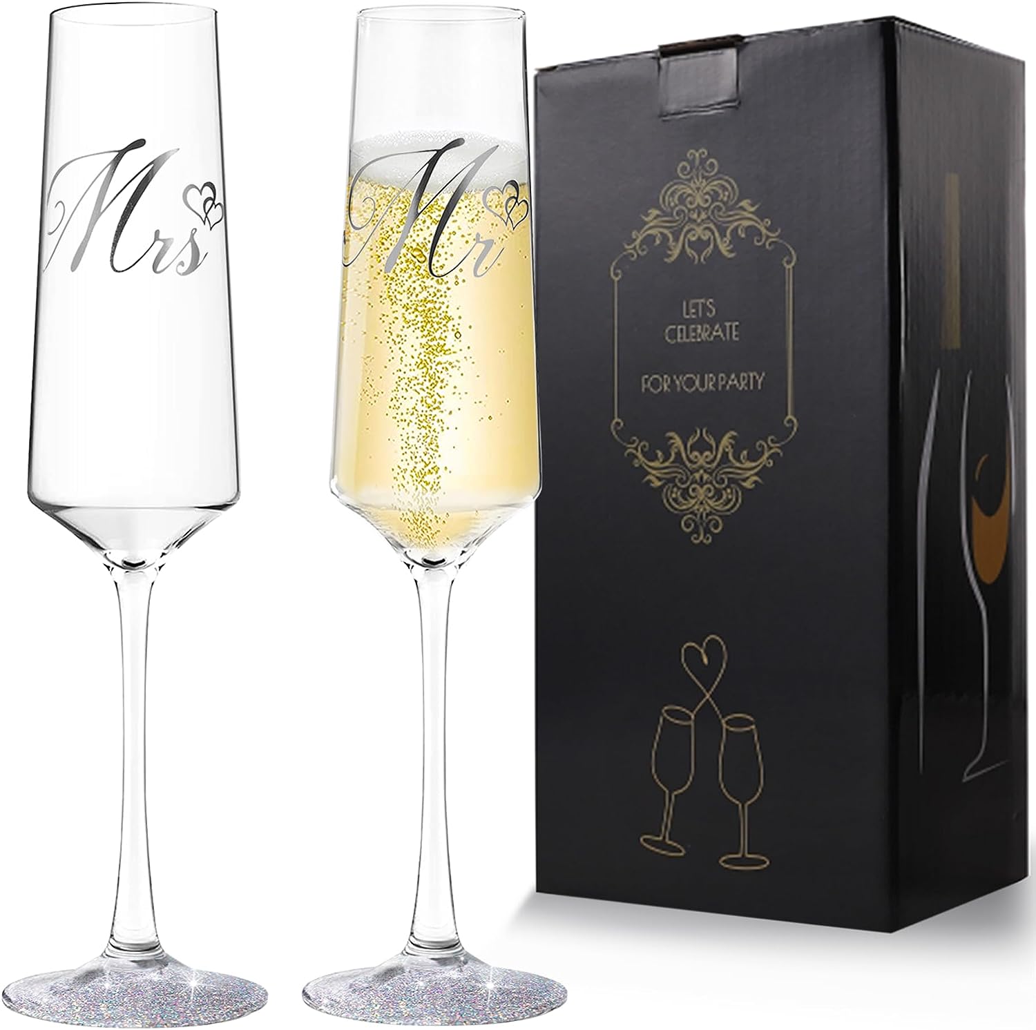 Bride and Groom Champagne Flutes Print Mr and Mrs Glasses for Wedding Glasses and Toasting Flutes Bridal Shower Gifts Engagement Gift - VARLKA