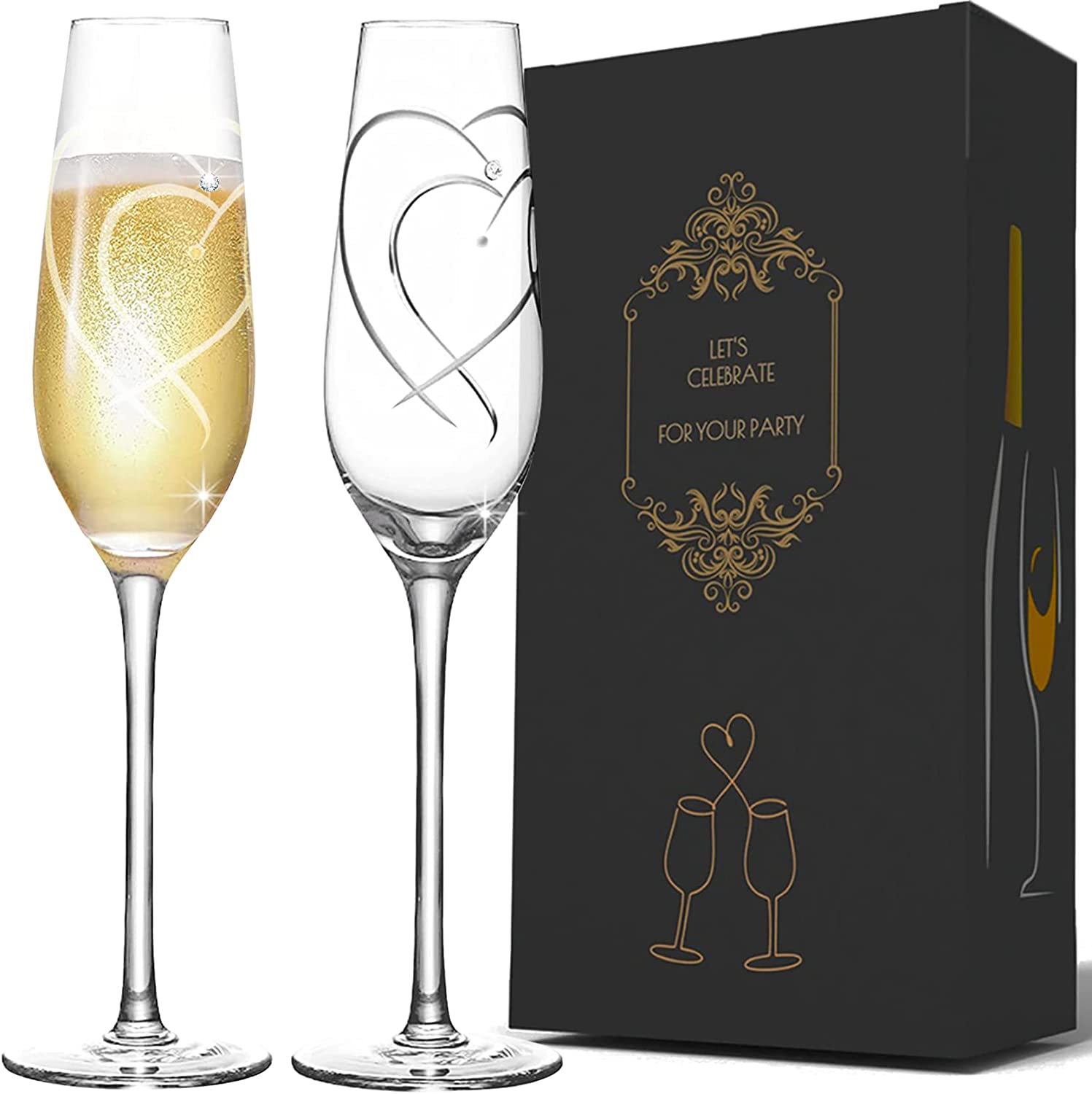 Bride and Groom Champagne Flutes set of 2, Personalization Crystal Toasting Champagne Glasses Etched With 2 Heart for Wedding Couples Engagement gift - VARLKA