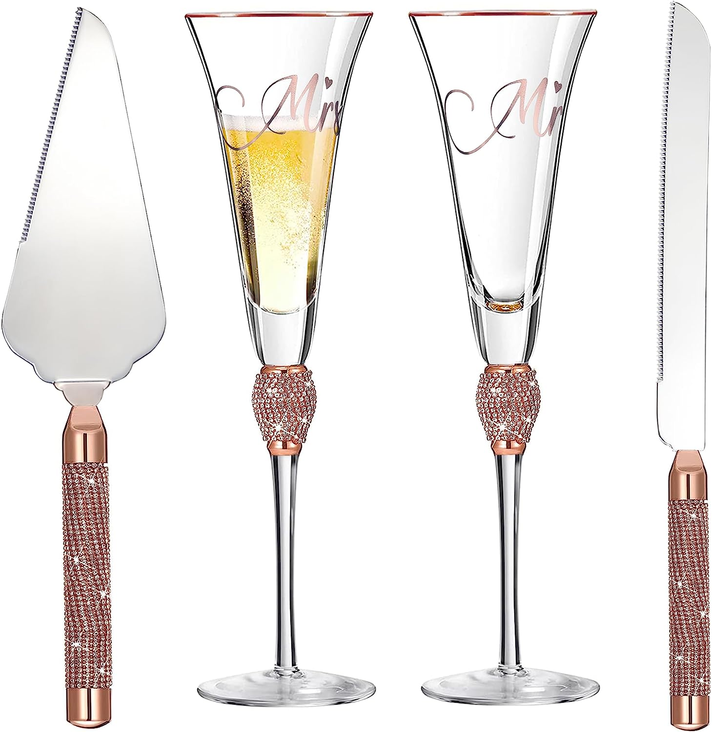 Champagne Flutes, Wedding Cake Knife and Server Set, Toasting Champagne Glasses with Gold Rim Rhinestone Studded Engraved Mr and Mrs, Couple Bride and Groom Wedding & Engagement gift - VARLKA