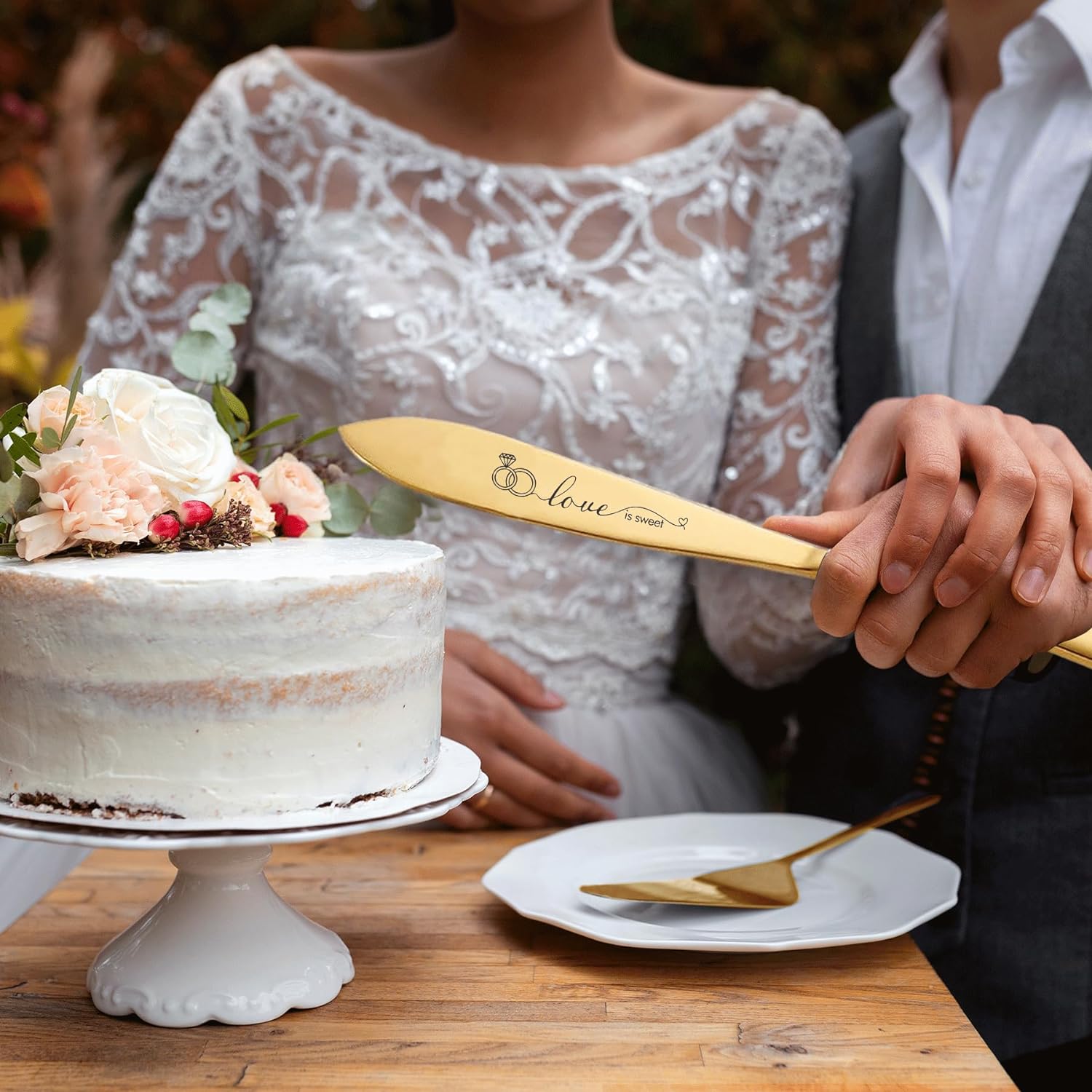 Wedding Cake Knife and Server Set, 7oz Crystal Mr and Mrs Champagne Flutes & Cake Cutting and Forks Set for Bride and Groom, Bridal Shower Gifts Wedding Anniversary Engagement Gifts - VARLKA