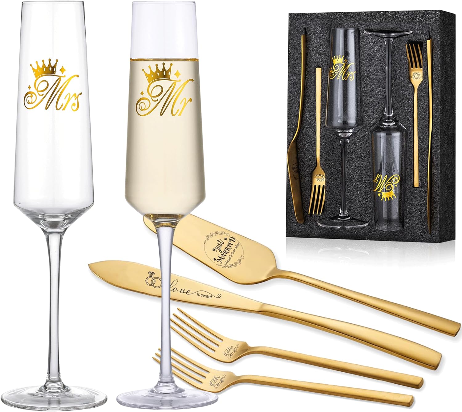 Wedding Cake Knife and Server Set, 7oz Crystal Mr and Mrs Champagne Flutes & Cake Cutting and Forks Set for Bride and Groom, Bridal Shower Gifts Wedding Anniversary Engagement Gifts - VARLKA