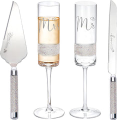 Wedding Cake Knife and Server Set, Bride and Groom Champagne Flutes Toasting Glasses Print Mr and Mrs Wedding Engagement Gifts - VARLKA