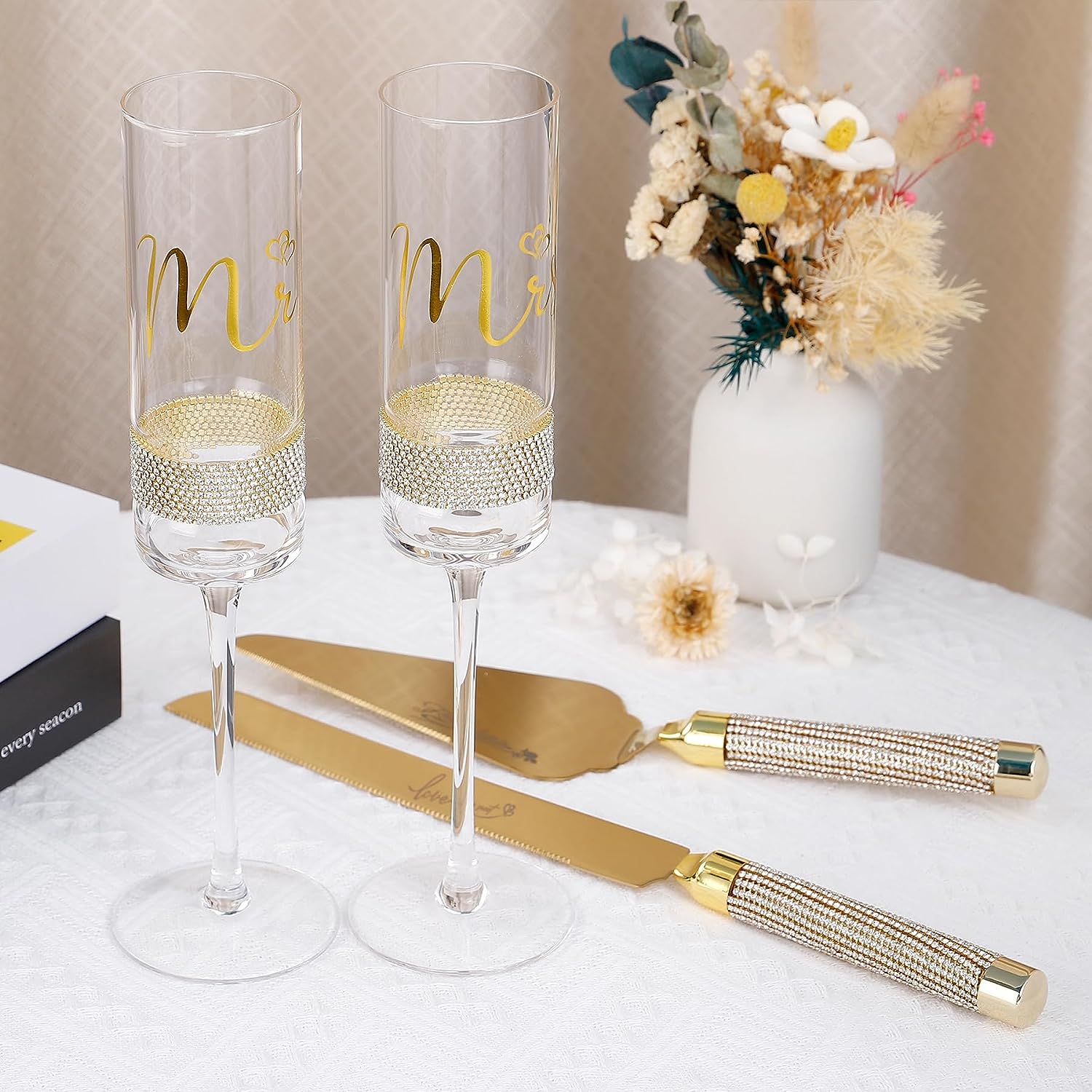 Wedding Cake Knife and Server Set, Bride and Groom Champagne Flutes Toasting Glasses Print Mr and Mrs Wedding Engagement Gifts - VARLKA