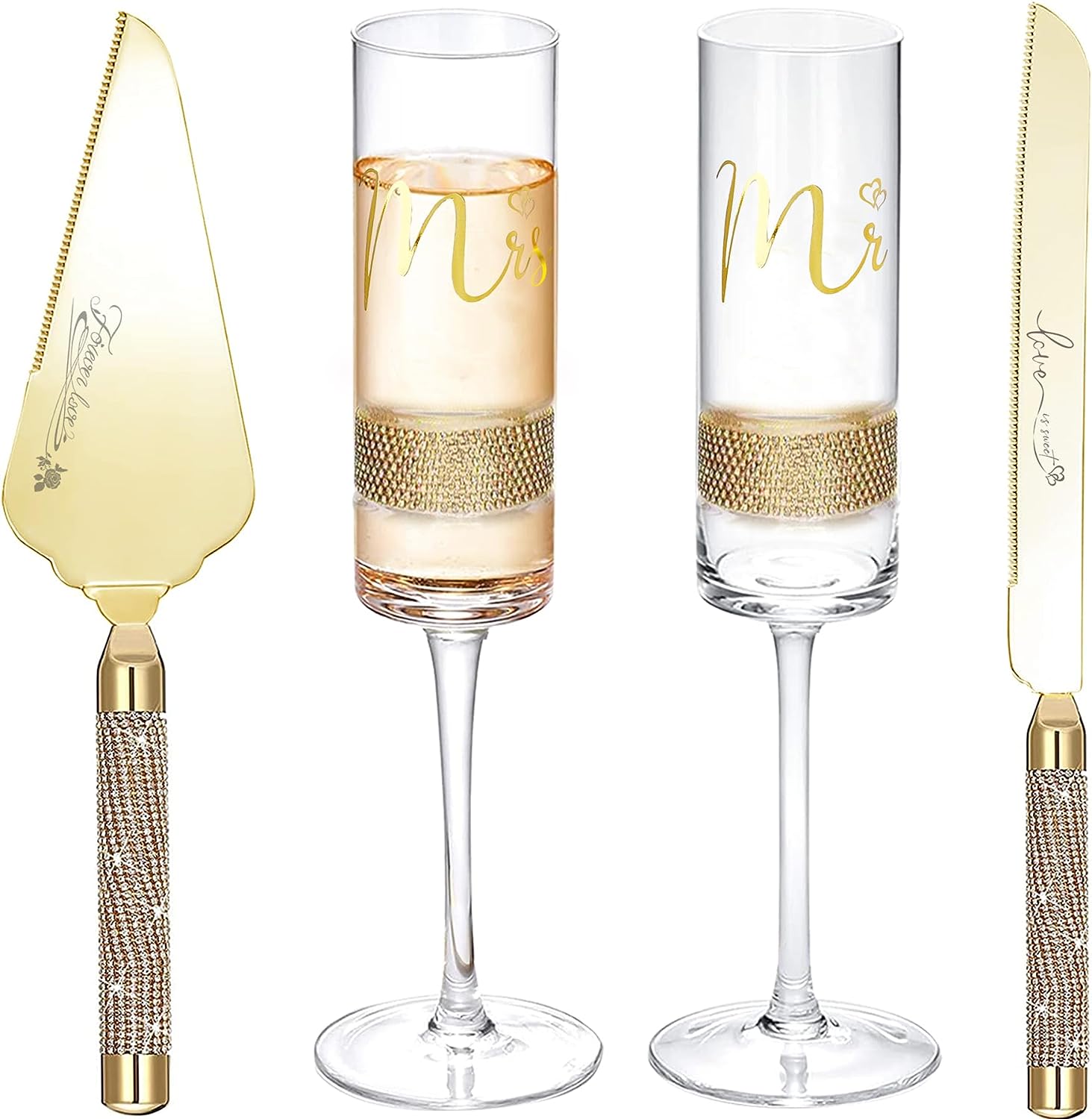 Wedding Cake Knife and Server Set, Bride and Groom Champagne Flutes Toasting Glasses Print Mr and Mrs Wedding Engagement Gifts - VARLKA