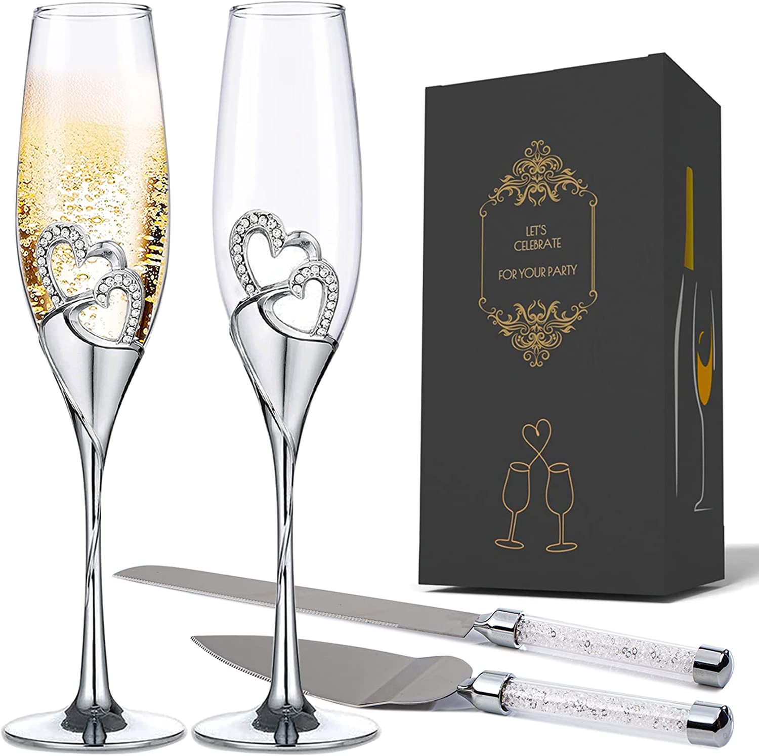 2-piece Creative Champagne Glass Set Wedding Crystal Glasses Heart-shaped  Wedding Champagne Gift Cut Glasses, Silver