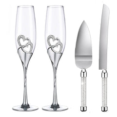 Wedding Champagne Flutes and Cake Knife Server Set, Silver Toasting Champagne Glasses with Rhinestone Rimmed Heart for Couple Bride and Groom - Cake Cutting Set of 4 Gifts for Wedding - VARLKA