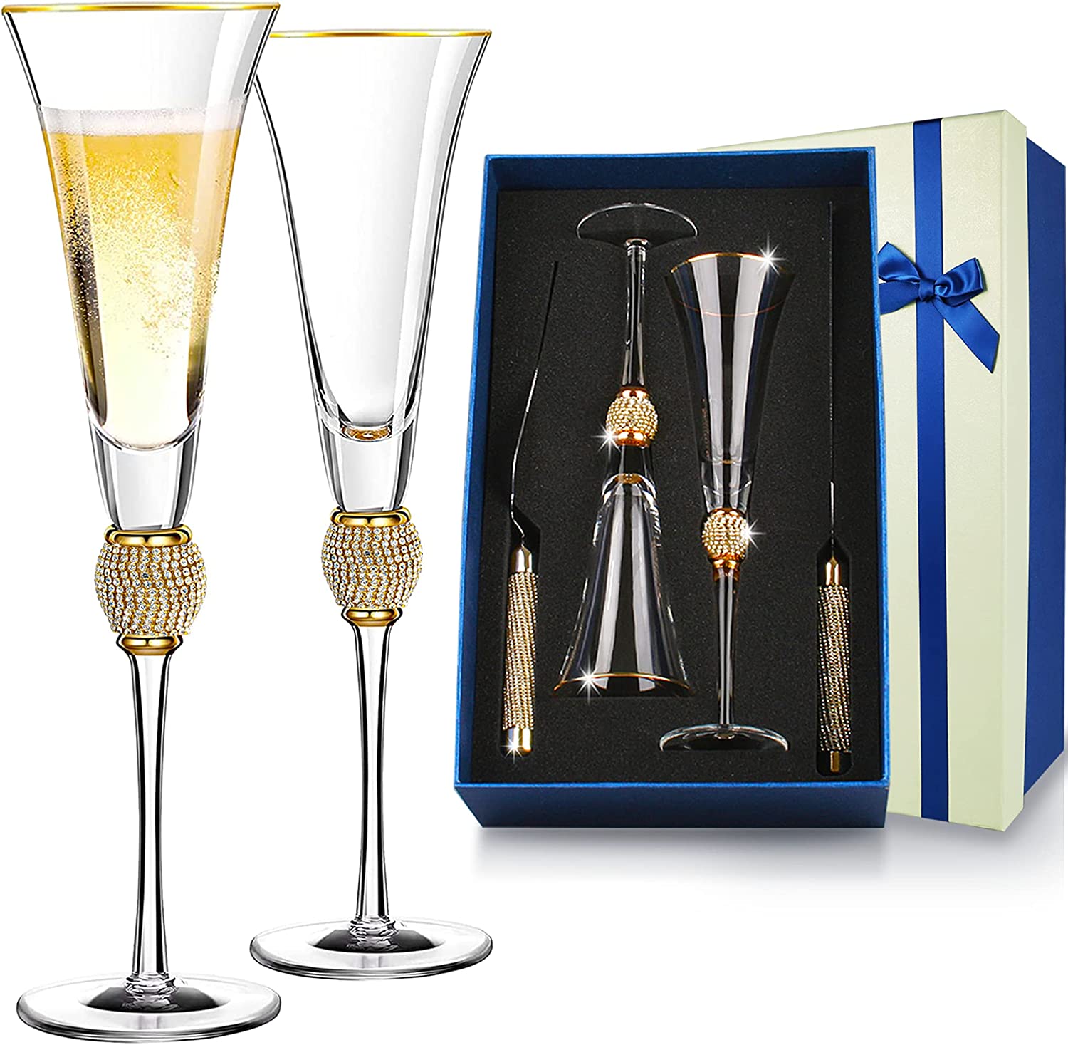 Wedding Champagne Flutes, Wedding Cake Knife and Server Set, Wedding Gifts for Couple Bride and Groom Gold Rim & Rhinestone Studded Toasting Glasses Set of 4, Cake Cutting Set for Wedding - VARLKA