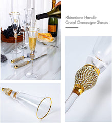 Wedding Champagne Flutes, Wedding Cake Knife and Server Set, Wedding Gifts for Couple Bride and Groom Gold Rim & Rhinestone Studded Toasting Glasses Set of 4, Cake Cutting Set for Wedding - VARLKA