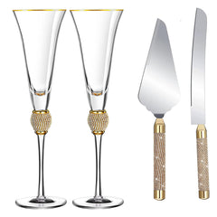 Wedding Champagne Flutes, Wedding Cake Knife and Server Set, Wedding Gifts for Couple Bride and Groom Gold Rim & Rhinestone Studded Toasting Glasses Set of 4, Cake Cutting Set for Wedding - VARLKA