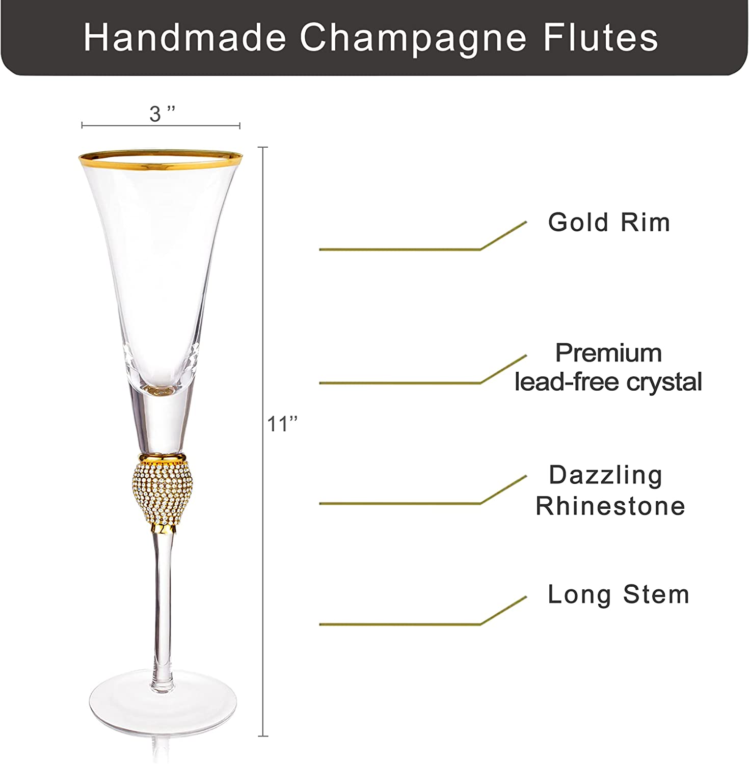 Etched Gold Rim Handcrafted Champagne Flutes - Set of 4